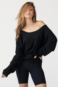 Joah Brown Seeker Off the Shoulder Sweater- Black Waffle