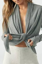 Load image into Gallery viewer, Joah Brown Front Tie Cardigan - Grey Rib Sweater Knit